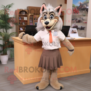 Tan Wolf mascot costume character dressed with a Pencil Skirt and Reading glasses