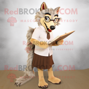 Tan Wolf mascot costume character dressed with a Pencil Skirt and Reading glasses