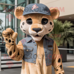 Tan Jaguar mascot costume character dressed with a Flare Jeans and Beanies