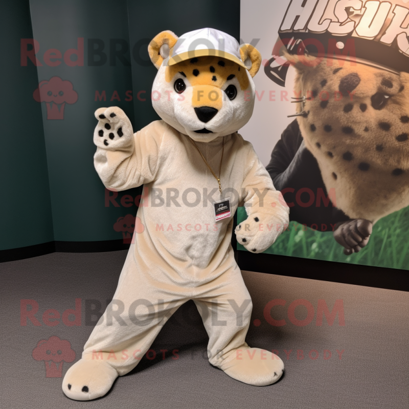 Tan Jaguar mascot costume character dressed with a Flare Jeans and Beanies