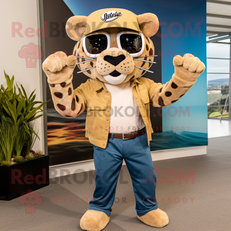 Tan Jaguar mascot costume character dressed with a Flare Jeans and Beanies