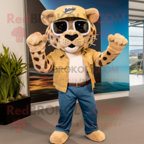 Tan Jaguar mascot costume character dressed with a Flare Jeans and Beanies