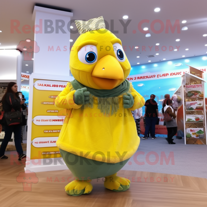 Lemon Yellow Turkey mascot costume character dressed with a Romper and Scarves Lemon Yellow Turkey mascot costume character dressed with a Romper and Scarves