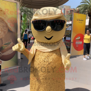 Gold Falafel mascot costume character dressed with a Mini Dress and Sunglasses