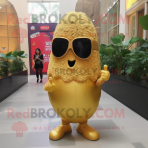 Gold Falafel mascot costume character dressed with a Mini Dress and Sunglasses