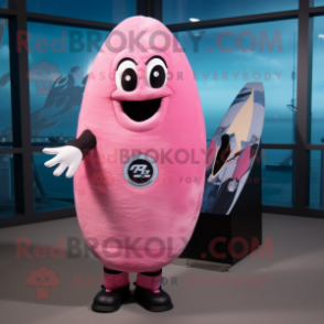 Pink Surfboard mascot costume character dressed with a Leather Jacket and Keychains