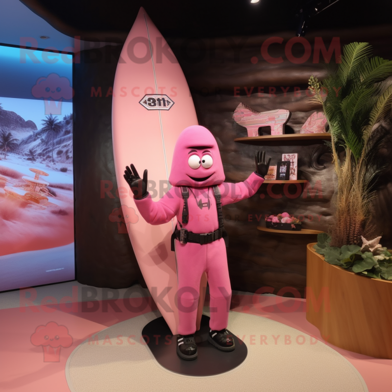 Pink Surfboard mascot costume character dressed with a Leather Jacket and Keychains Pink Surfboard mascot costume character dressed with a Leather Jacket and Keychains