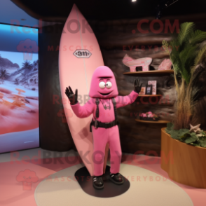 Pink Surfboard mascot costume character dressed with a Leather Jacket and Keychains