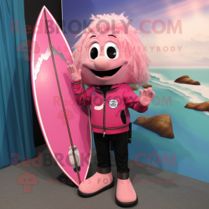 Pink Surfboard mascot costume character dressed with a Leather Jacket and Keychains