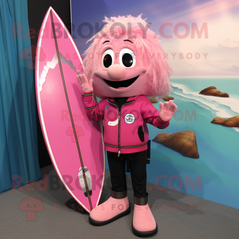Pink Surfboard mascot costume character dressed with a Leather Jacket and Keychains Pink Surfboard mascot costume character dressed with a Leather Jacket and Keychains