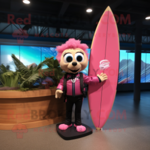 Pink Surfboard mascot costume character dressed with a Leather Jacket and Keychains