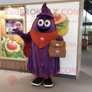 nan Eggplant mascot costume character dressed with a Wrap Dress and Wallets