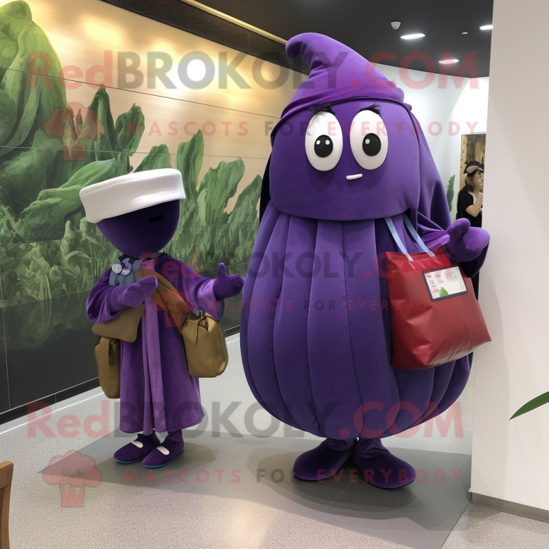 nan Eggplant mascot costume character dressed with a Wrap Dress and Wallets