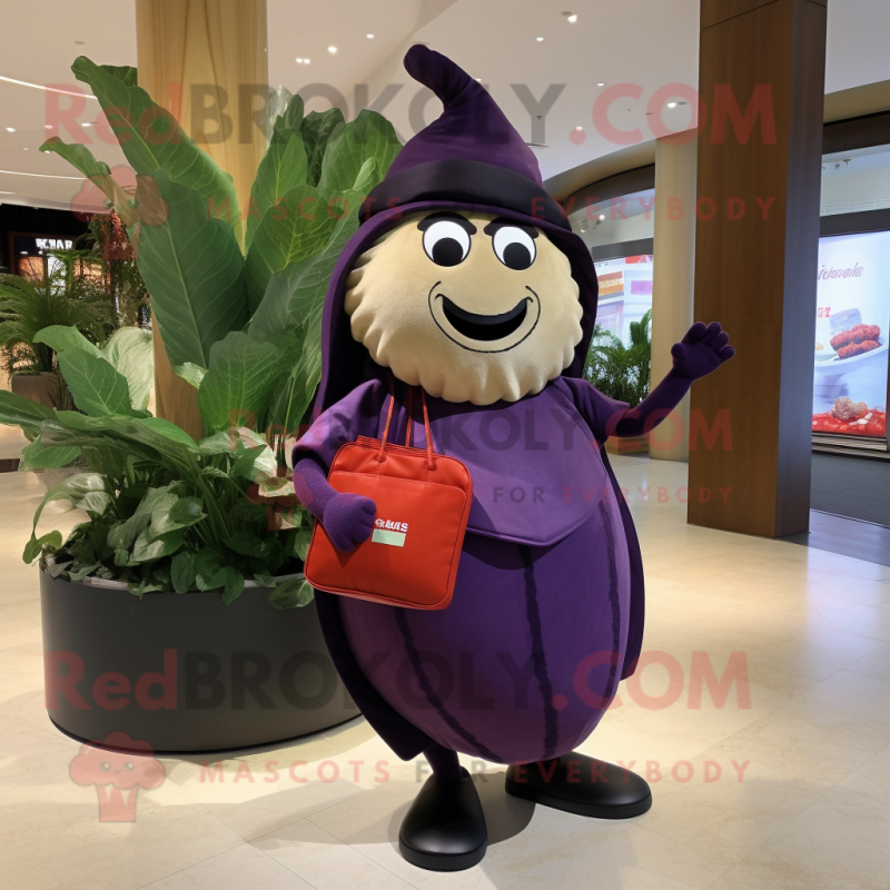 nan Eggplant mascot costume character dressed with a Wrap Dress and Wallets nan Eggplant mascot costume character dressed with a Wrap Dress and Wallets