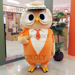 Peach Owl mascot costume character dressed with a Dress and Tie pins