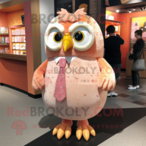 Peach Owl mascot costume character dressed with a Dress and Tie pins