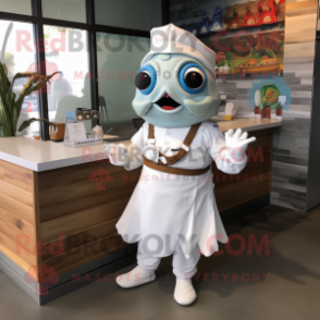 White Fish Tacos mascot costume character dressed with a Romper and Gloves