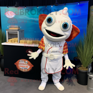 White Fish Tacos mascot costume character dressed with a Romper and Gloves