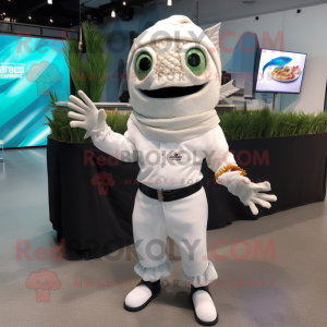 White Fish Tacos mascot costume character dressed with a Romper and Gloves