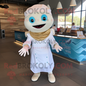 White Fish Tacos mascot costume character dressed with a Romper and Gloves
