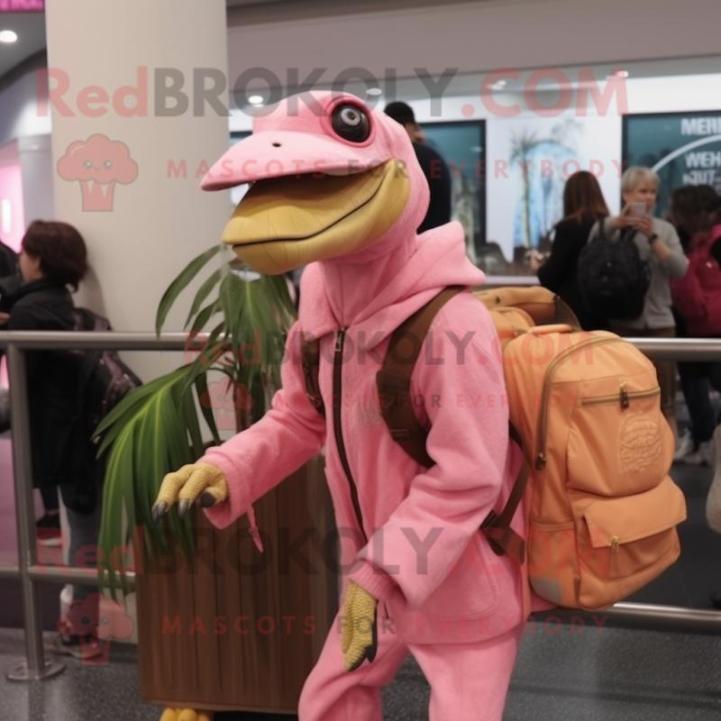 Pink Deinonychus mascot costume character dressed with a Parka and Messenger bags Pink Deinonychus mascot costume character dressed with a Parka and Messenger bags