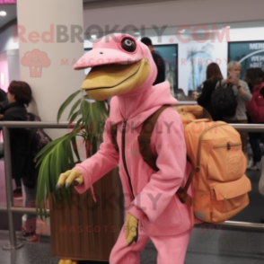 Pink Deinonychus mascot costume character dressed with a Parka and Messenger bags