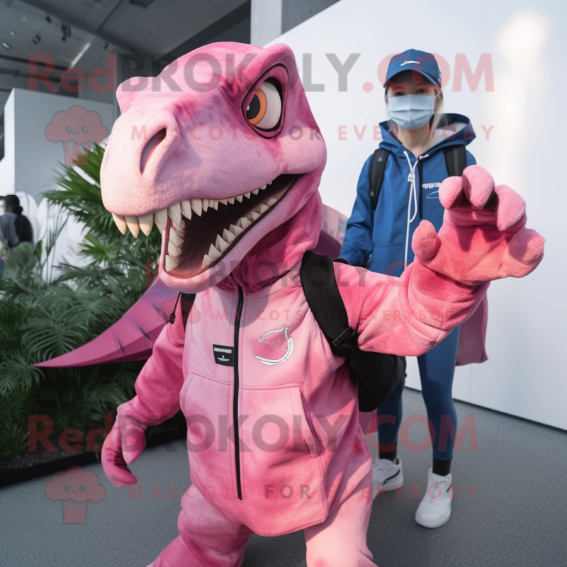 Pink Deinonychus mascot costume character dressed with a Parka and Messenger bags Pink Deinonychus mascot costume character dressed with a Parka and Messenger bags