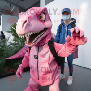 Pink Deinonychus mascot costume character dressed with a Parka and Messenger bags