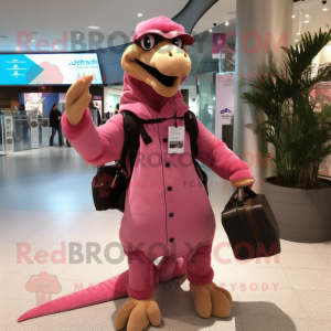 Pink Deinonychus mascot costume character dressed with a Parka and Messenger bags