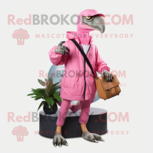 Pink Deinonychus mascot costume character dressed with a Parka and Messenger bags