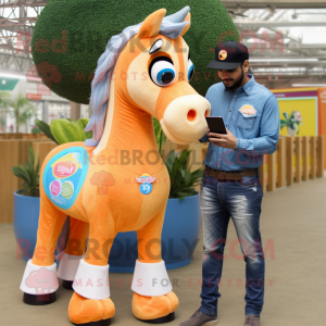 Peach Horse mascot costume character dressed with a Boyfriend Jeans and Rings