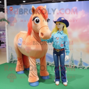 Peach Horse mascot costume character dressed with a Boyfriend Jeans and Rings