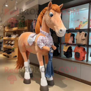 Peach Horse mascot costume character dressed with a Boyfriend Jeans and Rings