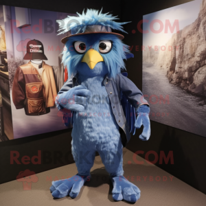 Blue Harpy mascot costume character dressed with a Bootcut Jeans and Caps