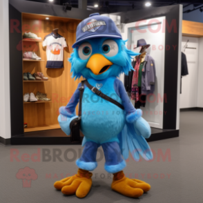 Blue Harpy mascot costume character dressed with a Bootcut Jeans and Caps