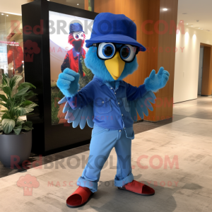 Blue Harpy mascot costume character dressed with a Bootcut Jeans and Caps