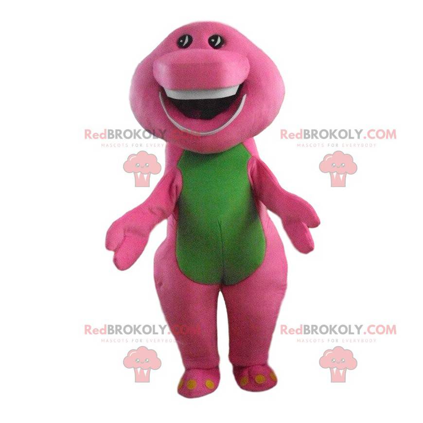 Mascote de dinossauro rosa e verde, fantasia de dragão colorido