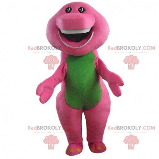 Mascota de dinosaurio rosa y verde, traje de dragón colorido -