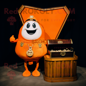 Orange Treasure Chest mascot costume character dressed with a Bodysuit and Shawl pins
