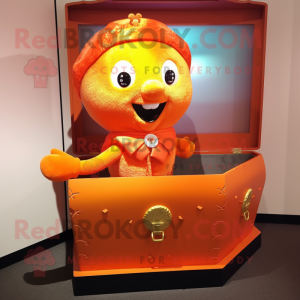 Orange Treasure Chest mascot costume character dressed with a Bodysuit and Shawl pins