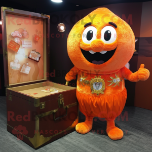 Orange Treasure Chest mascot costume character dressed with a Bodysuit and Shawl pins