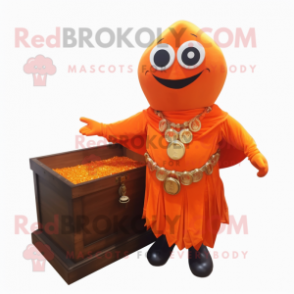 Orange Treasure Chest mascot costume character dressed with a Bodysuit and Shawl pins