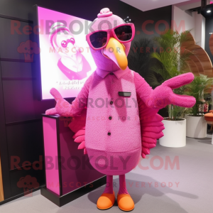 Pink Turkey mascot costume character dressed with a Cardigan and Sunglasses