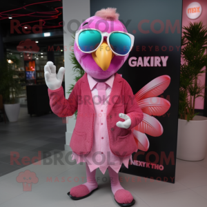 Pink Turkey mascot costume character dressed with a Cardigan and Sunglasses