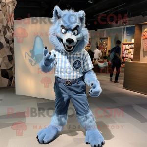 Sky Blue Werewolf mascot costume character dressed with a Oxford Shirt and Shoe clips