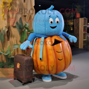 Sky Blue Pumpkin mascot costume character dressed with a Cargo Shorts and Handbags
