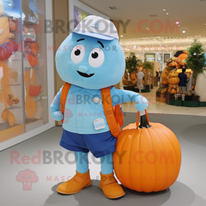 Sky Blue Pumpkin mascot costume character dressed with a Cargo Shorts and Handbags
