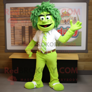 Lime Green Jambalaya mascot costume character dressed with a Oxford Shirt and Hair clips