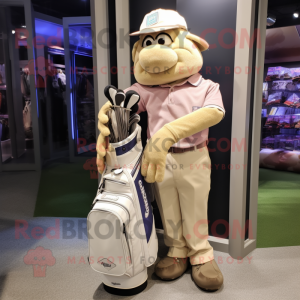 Beige Golf Bag mascot costume character dressed with a Jeans and Suspenders