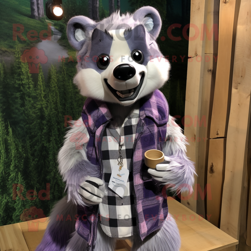 Lavender Badger mascot costume character dressed with a Flannel Shirt and Necklaces Lavender Badger mascot costume character dressed with a Flannel Shirt and Necklaces